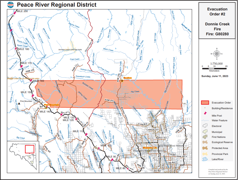 Wildfire Information Peace River Regional District June 11 2023   Donnie Creek Wildfire Evacuation Order MAP 